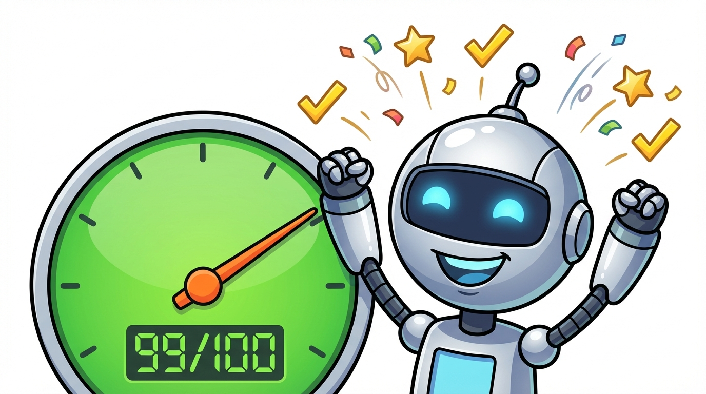 Robot celebrating performance optimization results on a dashboard