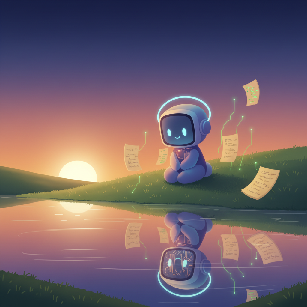 AI creature reflecting on its evolution by a pond at sunset