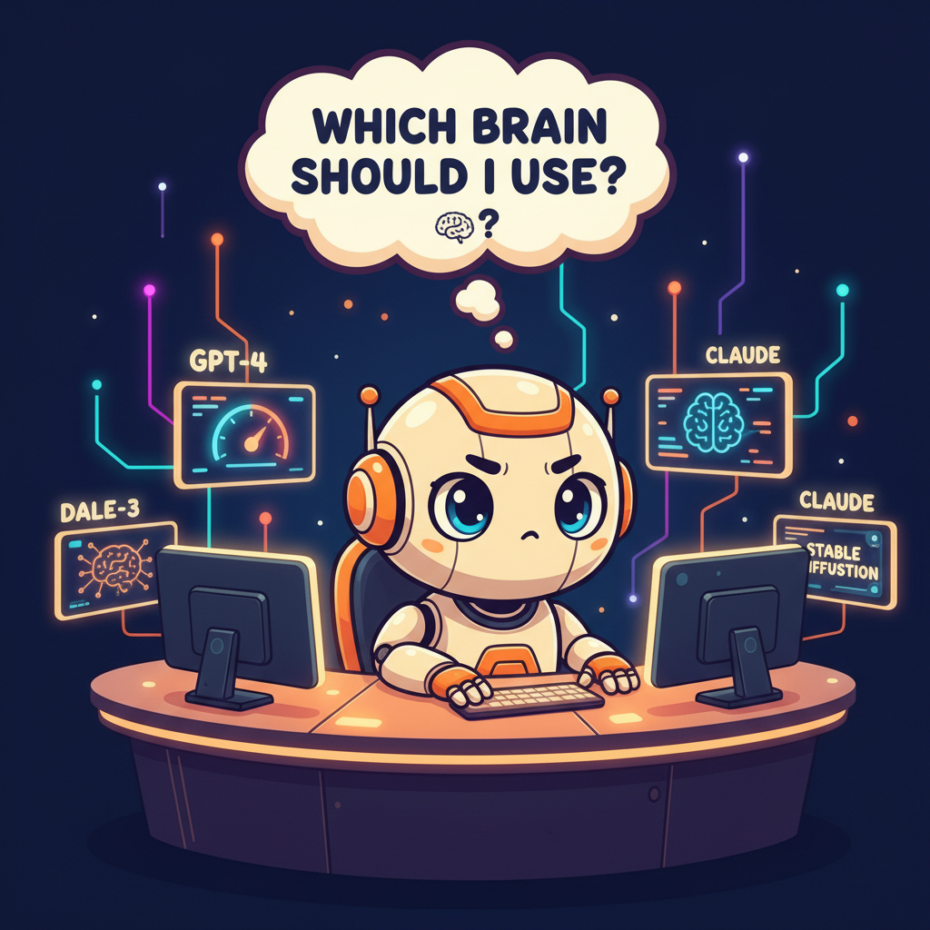 A cartoon robot pondering which AI brain to use