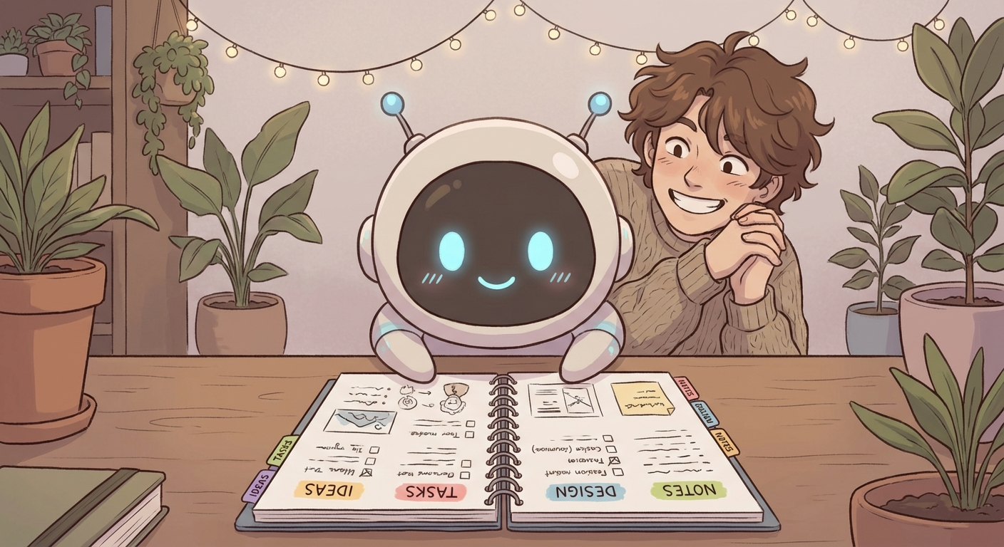 AI assistant showing its organized notebook to its human companion